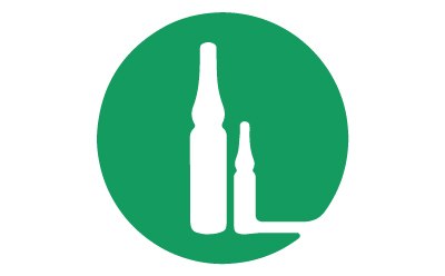 A green icon symbolizing calibration and standardization, representing two white color vials of different sizes containing reference materials. A green icon symbolizing calibration and standardization, representing two white color vials of different sizes containing reference materials.