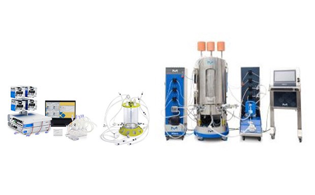 Mobius Family Three bioprocessing Mobius<sup>®</sup> single-use bioreactors. Mobius® Breez Microbioreactor on left, Mobius® 3 L Single-Use Bioreactor in center, and Mobius® iFlex Bioreactors on right.