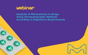 Analysis of nitrosamines in Drugs The poster features a purple cell in the center containing the title of the webinar: "Analysis of nitrosamines in drugs using chromatographic methods according to regulatory requirements." The text is written in sky blue color, providing a striking contrast against the purple background. To the left of the purple cell, there is a yellow cell displaying a strip of tablets, representing pharmaceutical products. On the right side of the purple cell, there is another yellow cell featuring a vibrant "M" logo, representing the webinar host or sponsor.