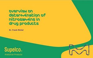 Overview on determination of nitrosamines in drug products The poster features a split background with one half green and the other half yellow. In the center, the title of the webinar, "Overview on determination of nitrosamines in drug products," is written in bold purple font. Below the title, also in purple, is the name of the presenter: Dr. Frank Michael.