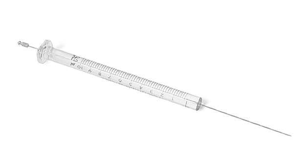 Autosampler syringe with a plunger fitted to a glass barrel used for liquid samples.