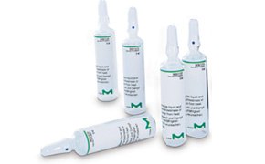 Four Aquastar water testing vials with green labels and measurement markings, designed for various stages of water quality analysis, displayed against a white background.