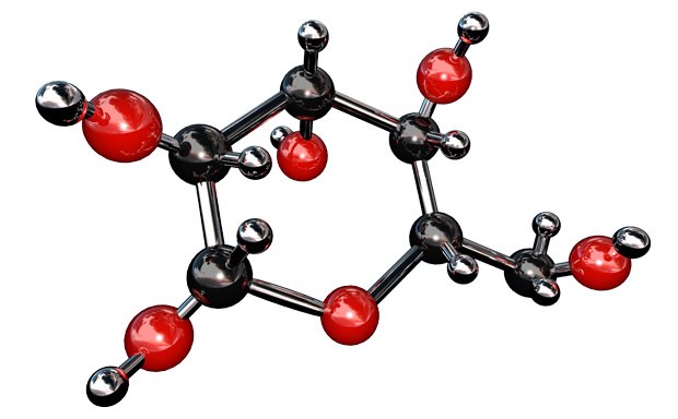 The image depicts a 3D molecular model with nine red and seven black atoms representing oxygen and carbon