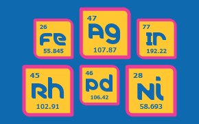 Transition Metal Catalysts A colorful arrangement of six elements from the periodic table on a blue background. Each element is presented in a separate square with rounded corners, colored in either pink or orange.