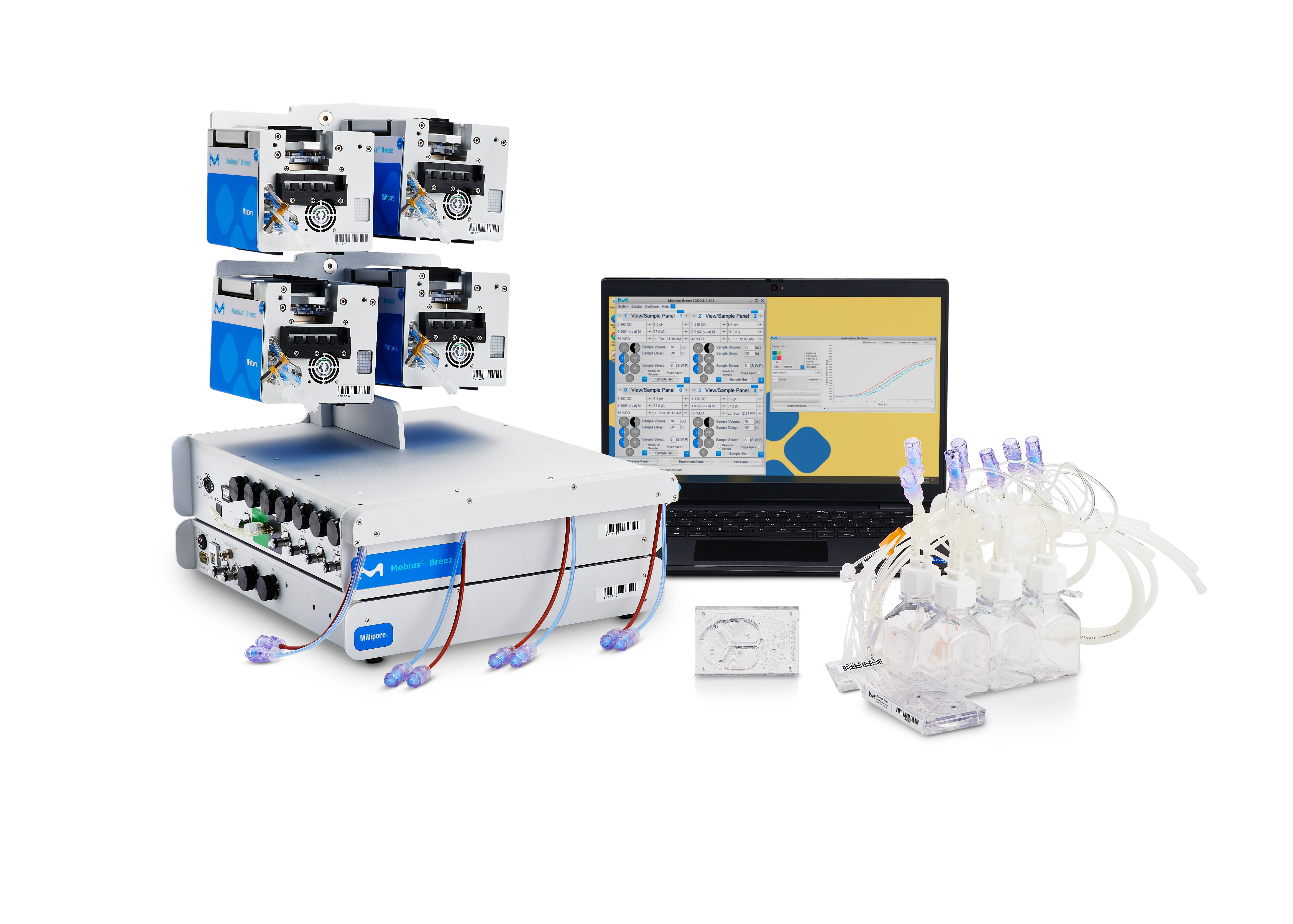 Mobius® Breez Microbioreactor Mobius® Breez Microbioreactor, showing the device, monitor, and attachments.