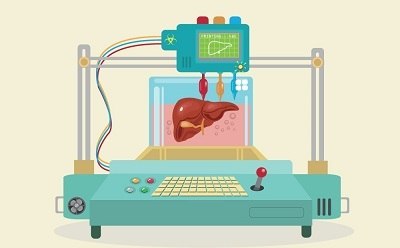 A stylized illustration of a 3D bioprinter, featuring a control panel with buttons and a screen displaying a graphic. The printer is shown creating a realistic model of a human organ, possibly a heart, suspended in a transparent chamber filled with liquid.