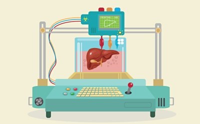 3D bioprinter showcasing a human heart being printed inside a transparent chamber, with a control panel featuring buttons and wires connected to the printer.