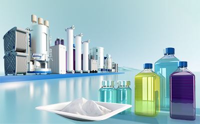 Image laboratory devices and cell culture media liquids, media as well as chemicals bottles in different colors.