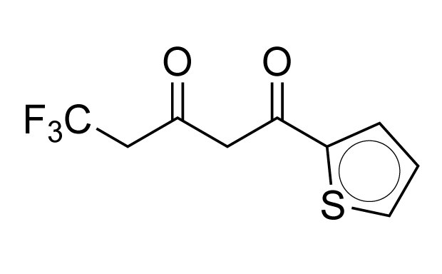 A chemical structure diagram of 2-Thenoyltrifluoroacetone, featuring a thienyl group attached to a trifluoroacetone moiety, highlighting the carbonyl groups and trifluoromethyl substituents.