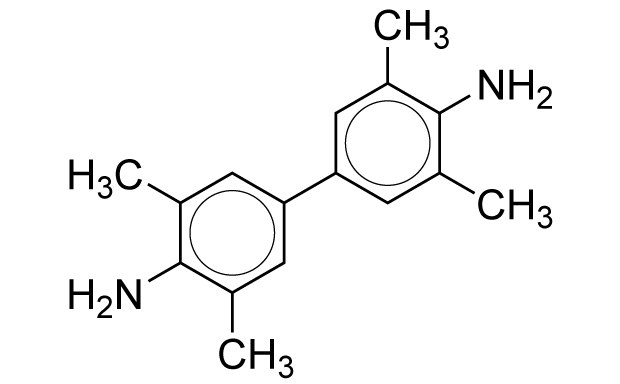 A chemical structure diagram of 3,3′,5,5′-Tetramethylbenzidine, illustrating a structure with two benzidine units, each substituted with two methyl groups and two amine groups at the 3,3′ and 5,5′ positions.