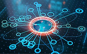 OFET & OPV materials The image features a digital network visualization with a central circular node surrounded by various smaller circles connected by lines. The central node glows with a bright red outline, while the surrounding nodes are depicted in shades of blue. The background consists of a dark grid pattern, enhancing the futuristic and technological feel of the image. This design symbolizes interconnected data points or a network system, emphasizing themes of connectivity and information flow.