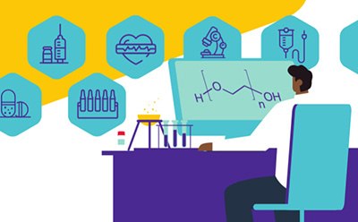 Scientist at a desk looking at a chemical structure on a computer screen with scientific icons in the background Scientist at a desk looking at a chemical structure on a computer screen with scientific icons in the background