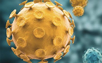 The image presents a close-up view of virus particles, with a dominant golden particle in the center, characterized by its spherical shape and numerous spike proteins. The background features additional particles in golden-yellow and blue hues, all set against a blurred backdrop that accentuates the central figure and adds depth to the composition. The image captures the intricate details and diversity of virus particles, highlighting their unique structures.
