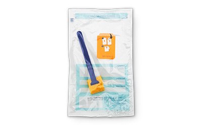eMcollect Sterile Sampling Device View 3 A sealed package containing eMcollect, featuring a yellow sponge tip applicator with a long purple handle. The package has a light blue background with an orange label showing icons of test tubes.