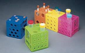 Cube racks - interlocking on all sides. Each one accommodates (4) 50 mL tubes, (10) 15 mL conical tubes, (12) 12 × 75 or 12 × 100 tubes, or (16) 1.5-2.0 mL microcentrifuge tubes. They slide together on any side allowing the user to work with different tubes on as many connected racks as desired.