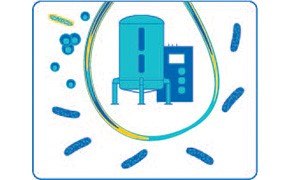 Icon depicting a blue filtration tank and control unit surrounded by stylized representations of water molecules and filtration media particles.