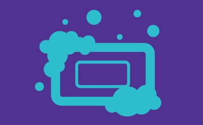 Animated bar of soap in teal with a bright purple background, with teal soap bubbles.