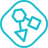 Icon featuring interconnected geometric shapes including hexagons and triangles within a shield-like shape 