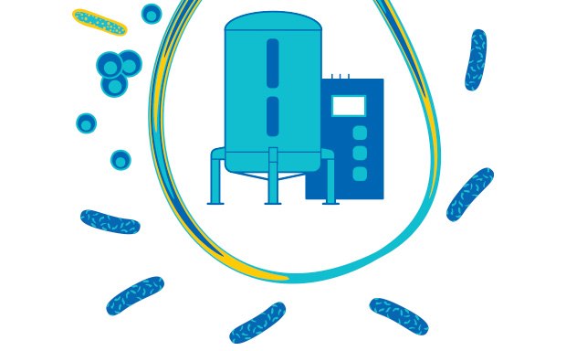 A blue water filtration tank and control unit with stylized representations of water molecules and filtration media particles around it, symbolizing the process of media filtration.