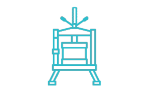 A minimalist line drawing of a traditional wooden loom used for weaving, depicted in teal against a white background. The loom has a rectangular frame with crossbars at the top and bottom, and three horizontal bars within the frame where warp threads would be placed.