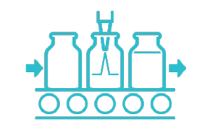 A teal line drawing of a conveyor belt system, which is transporting three different types of containers, each indicated by arrows. The containers vary in shape, with the first resembling a jar, the second a bottle, and the third another jar with straighter sides. Above the containers, four small circles connected by lines suggest motion or automation in the process.