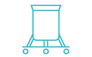 A simple teal-colored line drawing of a mining cart on a white background. The cart is rectangular with an open top and mounted on four small wheels