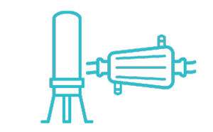 A minimalist line drawing of a syringe and a vial, depicted in teal against a white background. The syringe is pointed towards the vial, as if ready to draw liquid from it
