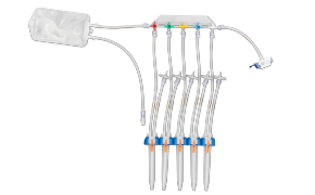 A medical device with multiple tubings and colored connectors, likely used for fluid delivery or extraction. It features a white plastic collection chamber from which transparent tubes extend, each marked with a different colored connector. The tubes are arranged in parallel, have blue clamps for flow control, and end with metal needles or connectors for attachment to other devices or patients. 