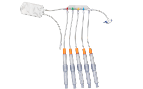 A medical device used for patient monitoring or treatment, featuring a white plastic piece with seven tubes extending from it. Each tube has a colored marker and is equipped with grey connectors capped with orange safety caps.