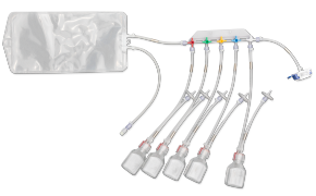 A medical device consisting of a clear plastic bag connected to a series of tubes with clamps, leading to smaller bags. It features a fluid delivery system with multiple tubes marked with color-coded tags—red, green, yellow, and blue—each attached to a smaller bag for fluid collection or delivery.