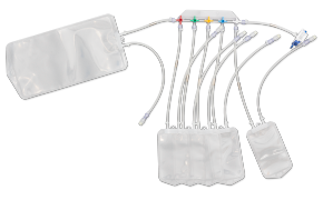 A medical device consisting of a clear plastic bag connected to multiple smaller bags via color-coded tubes. The main bag is linked to several smaller ones, each attached with a differently colored connector—red, green, yellow, and blue. These smaller bags seem to be designed for separating or collecting different types of fluids in a medical setting.