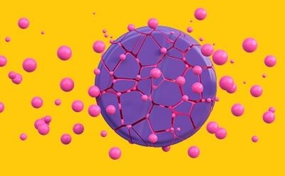 Purple tablet releasing the active ingredient represented by pink circles.