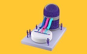 People working at an abstract drug manufacturing system, representing multiple functionalities provided in a single step. People working at an abstract drug manufacturing system, representing multiple functionalities provided in a single step.