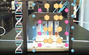 包含四根装有液体的透明管的Amicon超滤装置，连接实验室中控单元。