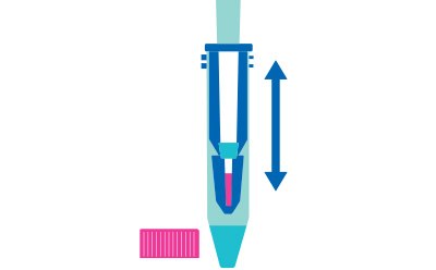 An illustration of a laboratory tube with a pink cap is shown. The tube features a blue mechanism that moves up and down, indicating the action of drawing in or dispensing liquid. A pink rectangular component is positioned next to the tube.