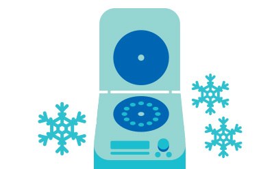 A laboratory centrifuge is illustrated, with its lid open, revealing a circular platform with multiple holes for test tubes. Two blue snowflakes are depicted on either side, suggesting a cold environment or refrigeration.