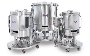 Three different sized stainless steel Mobius® Power MIX single-use mixers; medium on left, large in center, and small on right.