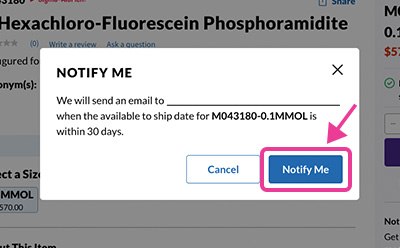 PDP modal view with Notify Me Option for selection PDP modal view with Notify Me Option for selection