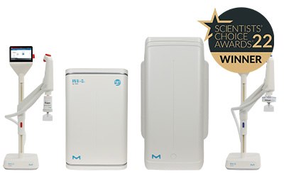 Milli-Q® Scientists' Choice Award Milli-Q® IQ 7003/05/10/15 water purification system on white background and logo of Scientist's choice awards 22 winner in the upper part of the right corner.