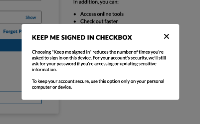 Keep me signed in checkbox information screen 