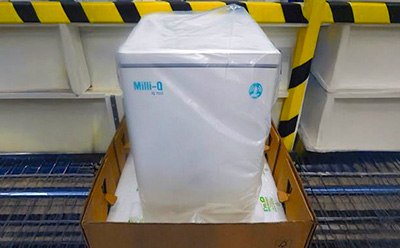 Milli-Q® system in box with bio-based foam packaging, showcasing switch from petroleum to bio-based materials. Milli-Q® system in box with bio-based foam packaging, showcasing switch from petroleum to bio-based materials.