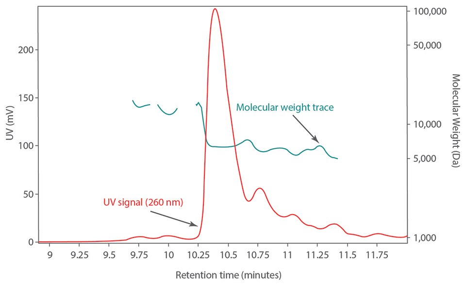 Molecular weight distribution (green) of the unpurified 20-mer. Molecular weight distribution (green) of the unpurified 20-mer