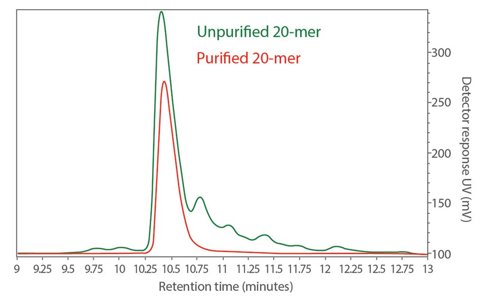 Overlay of unpurified and purified 20-mer UV chromatograms. Overlay of unpurified and purified 20-mer UV chromatograms.