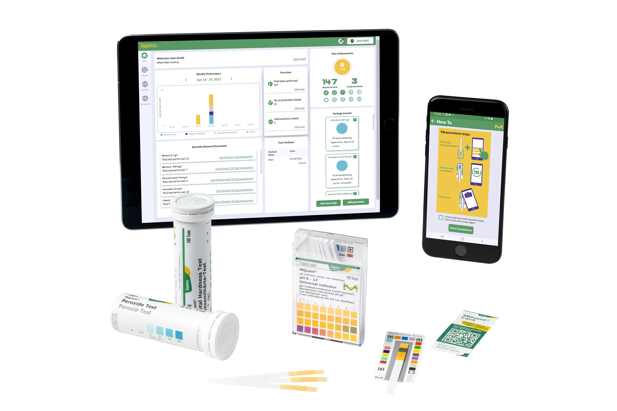 MQuant® test strips and MQuant® StripScan app in conjunction with the appropriate reference cards to measure pH of beverages