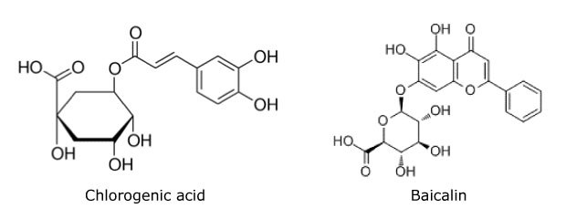 Chemical structures of chlorogenic acid and baicalin 2-D chemical structures (bond line structure) of chlorogenic acid and baicalin used to measure analytes in compounded Lonucerae Japonicae Flos with Purospher® STAR RP-18e