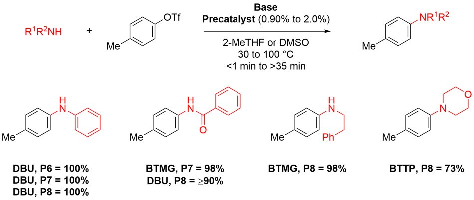 Reaction scheme showing a Buchwald-Hartwig amination with different conditions using P6, P7, and P8 precatalysts from Table 1