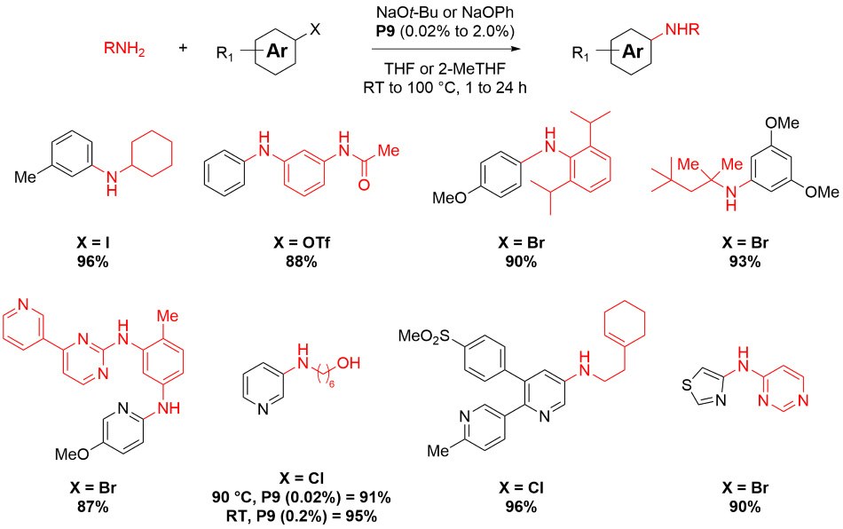 Reaction scheme showing a Buchwald-Hartwig amination using P9 precatalyst from Table 1 with different X groups including I, OTf, Br, and Cl on different Ar-R1