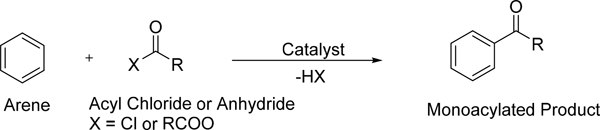 Friedel–Crafts acylation reaction shown as molecular structures