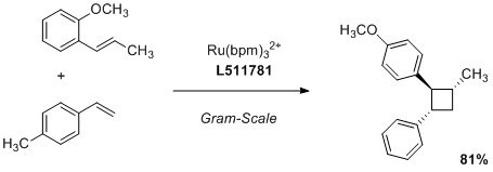 A chemical diagram illustrating a reaction involving Ru(bpm)3²⁺ (L511781) on a gram scale. It shows the starting materials, including a methoxy-substituted benzene and an alkyl-substituted benzene, leading to a product with an 81% yield.