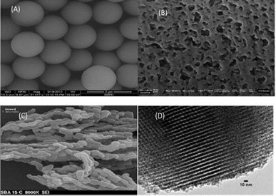Scanning electron microscopy and transmission electron microscopy (TEM) images of porous silica spheres